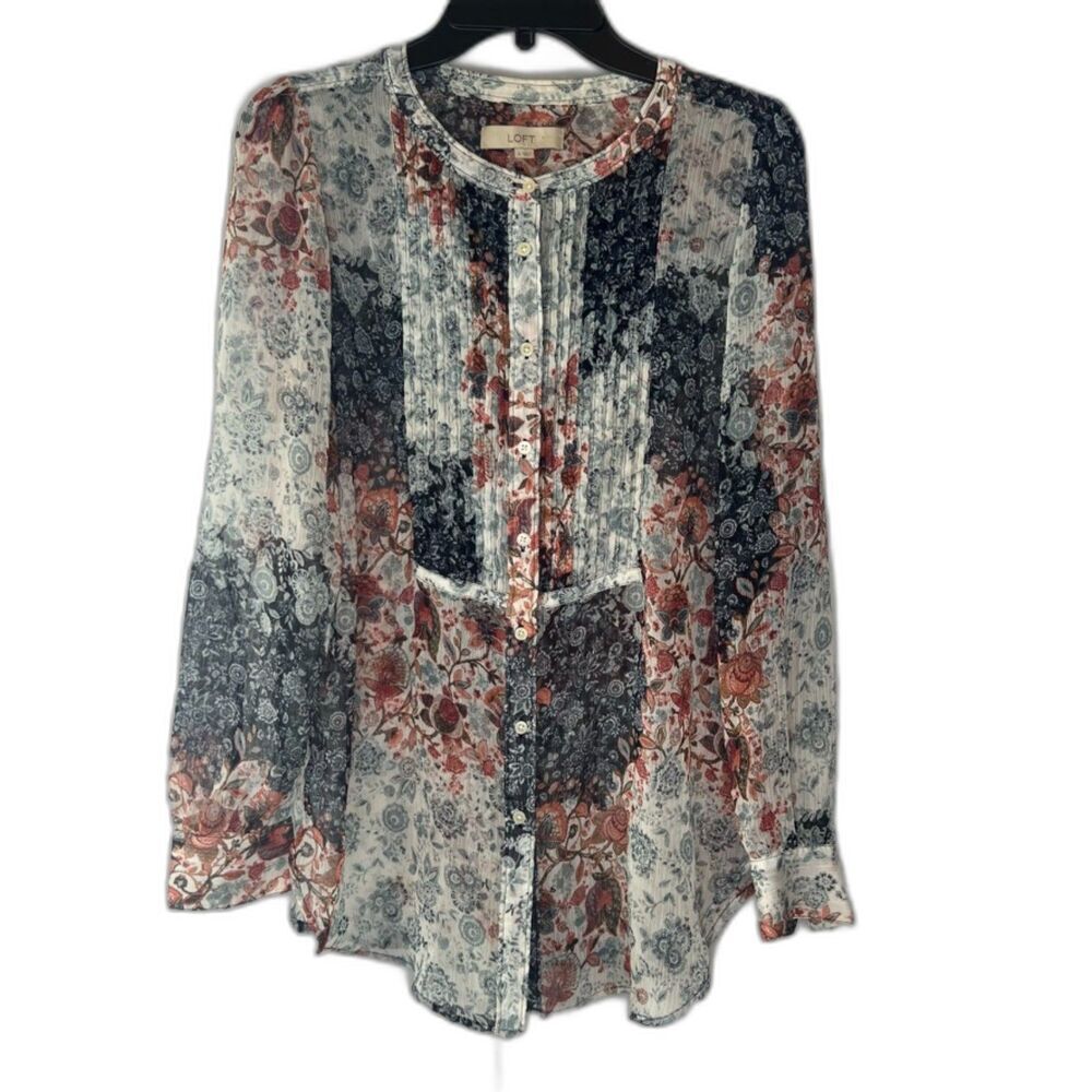 LOFT Boho Whimsical Mixed Print Floral Semi-Sheer Long Sleeve Blouse Size‎ Small